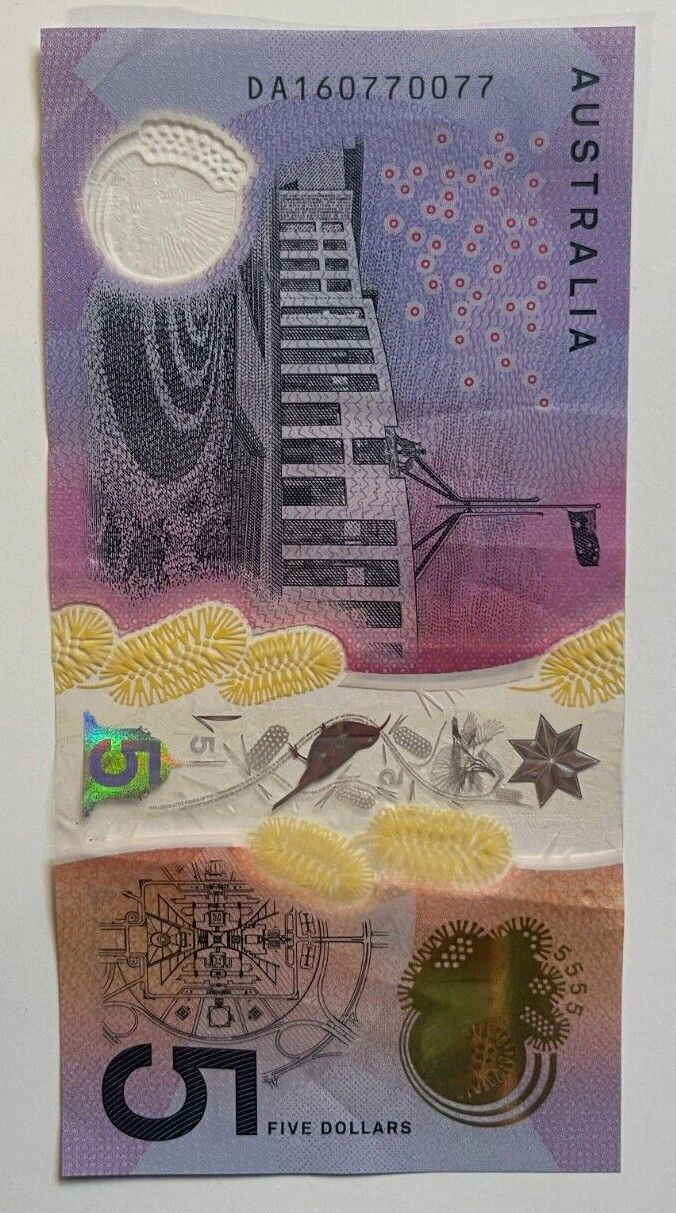 5 dollar note Australia 2016 "770077" serial