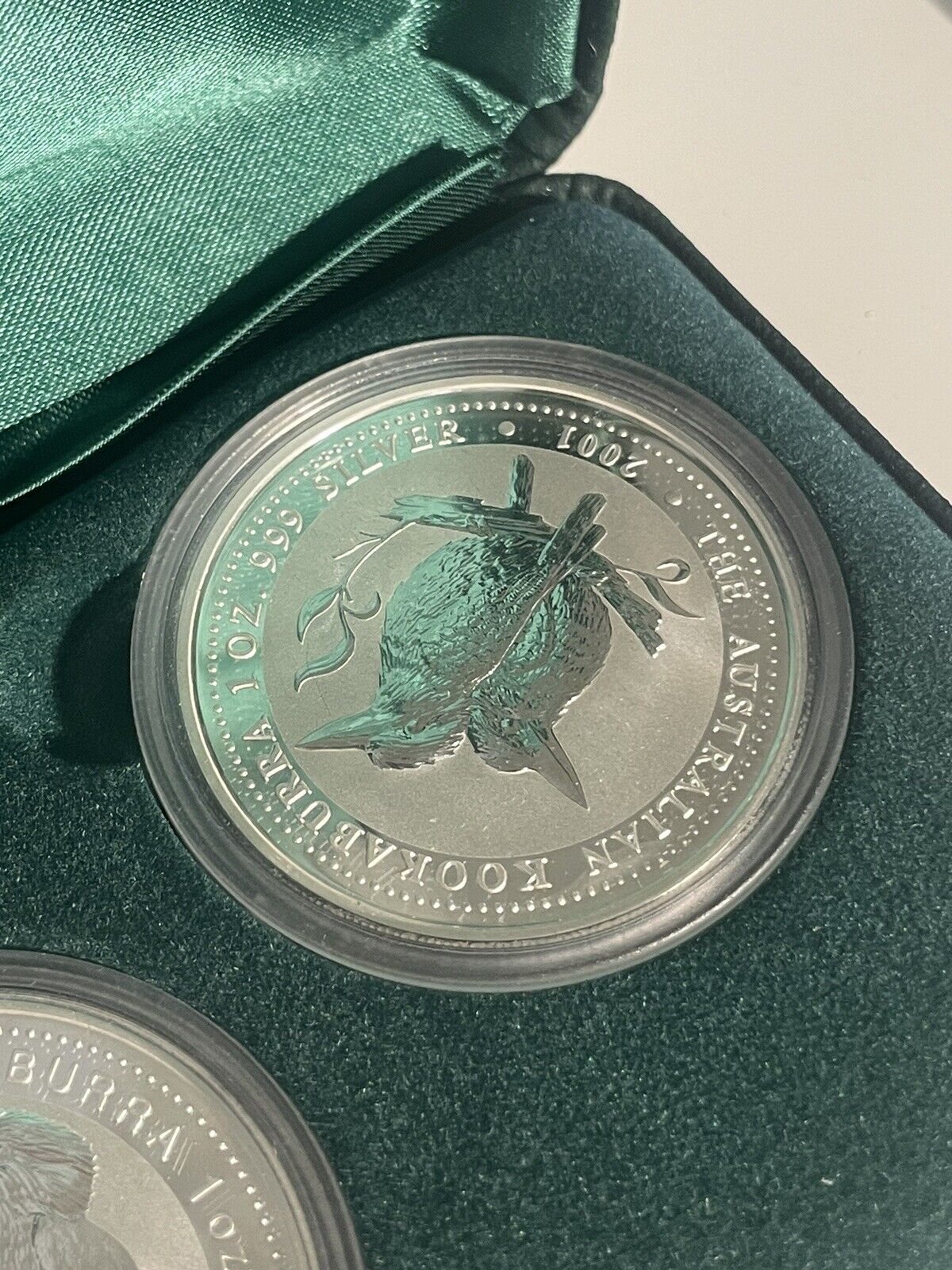 1999-2001 Australia Kookaburra 3x 1oz 999 Silver Coin Set In Case Perth Mint