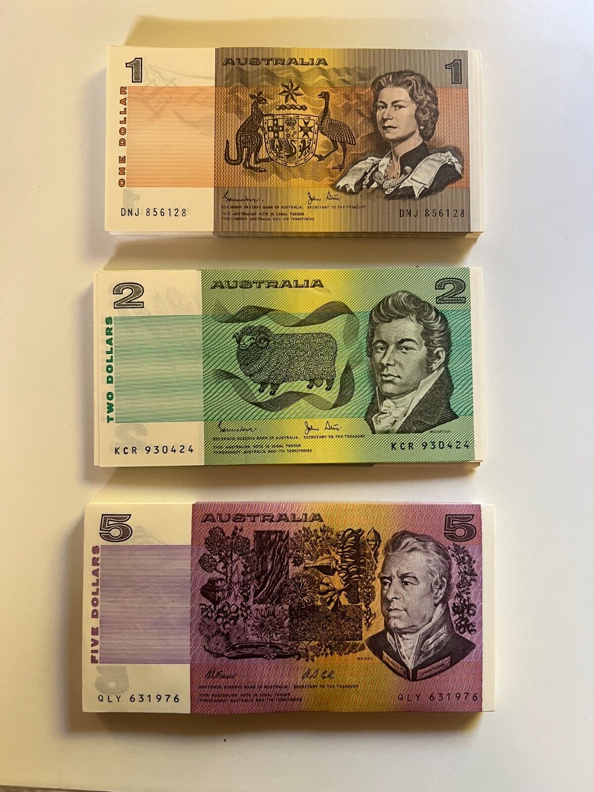 Australia $1 One, $2 Two, $5 Five NOTES - ONE OF EACH NOTE Bank Bundle UNC
