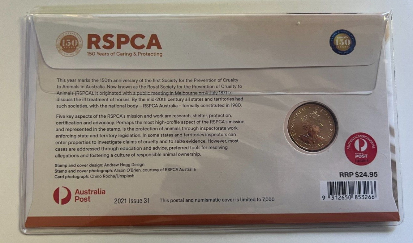 2021 RSPCA 150 Years Caring & Protecting 'DOG' PNC/FDC RAM $1 color coin & Stamp