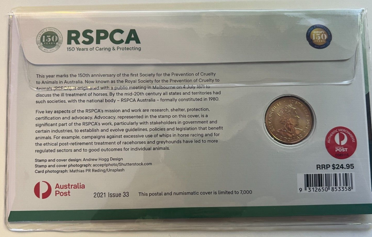 2021 RSPCA 150 Years Caring & Protecting Horse PNC/FDC RAM $1 color coin & Stamp