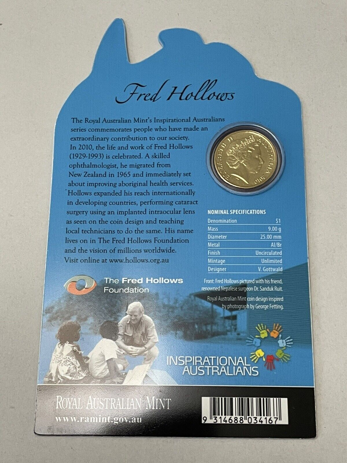 2010 Australia Inspirational Australians Fred Hollows RAM $1 Carded Coin