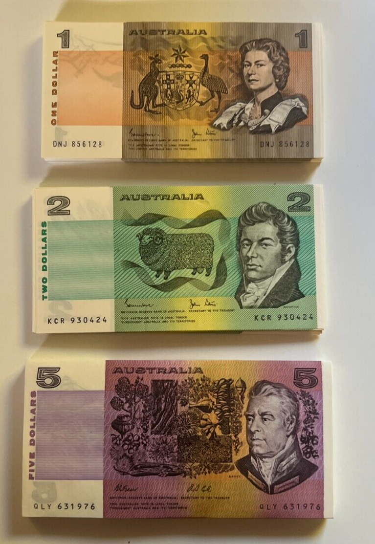 Australia $1 One, $2 Two, $5 Five NOTES - ONE OF EACH NOTE Bank Bundle UNC