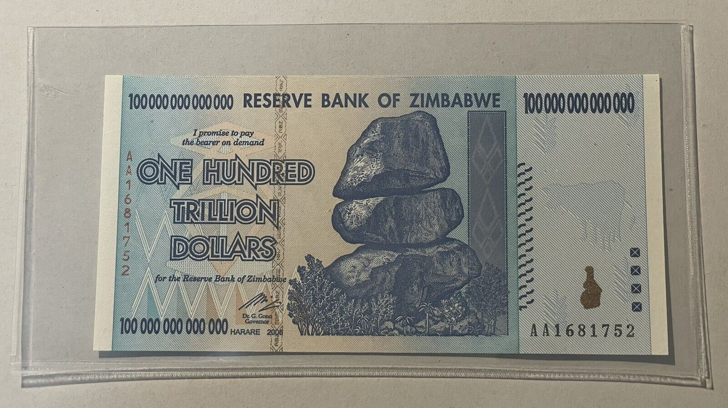 Zimbabwe 100 Trillion Dollars 2008 Banknote UNC Uncirculated AA P91 Authentic