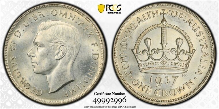 Australia 1937 Crown PCGS Graded MS62 UNC Five Shillings 5/- Large Coin KgVI