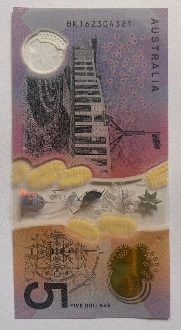 5 dollar note Australia 2016 "4321" Counting serial