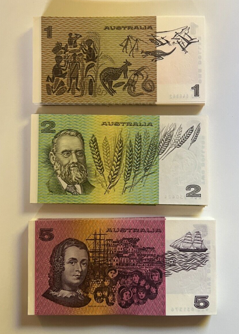 Australia $1 One, $2 Two, $5 Five NOTES - ONE OF EACH NOTE Bank Bundle UNC