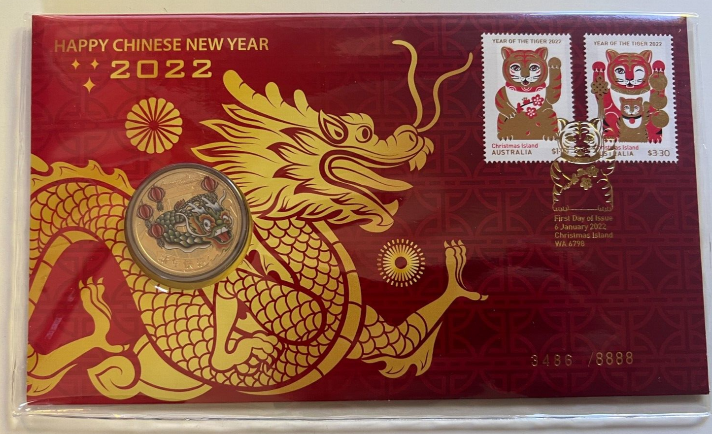 PNC Australia/Christmas Island 2022 Chinese New Year Dragon PM $1 Coin L/E 8888