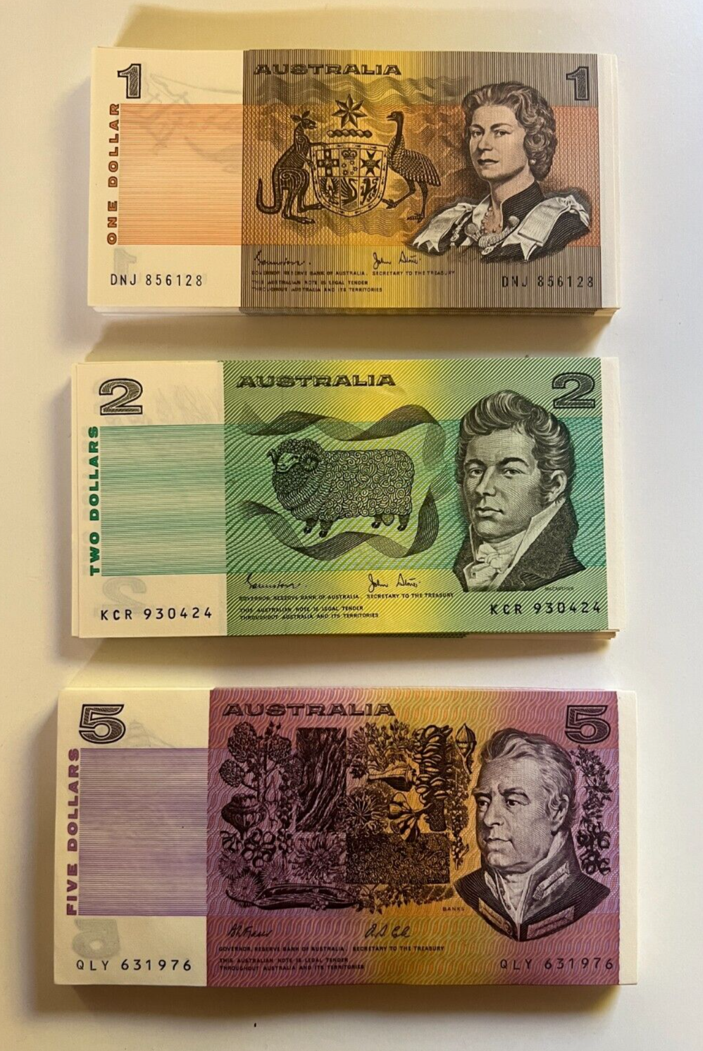 Australia $1 One, $2 Two, $5 Five NOTES - ONE OF EACH NOTE Bank Bundle UNC