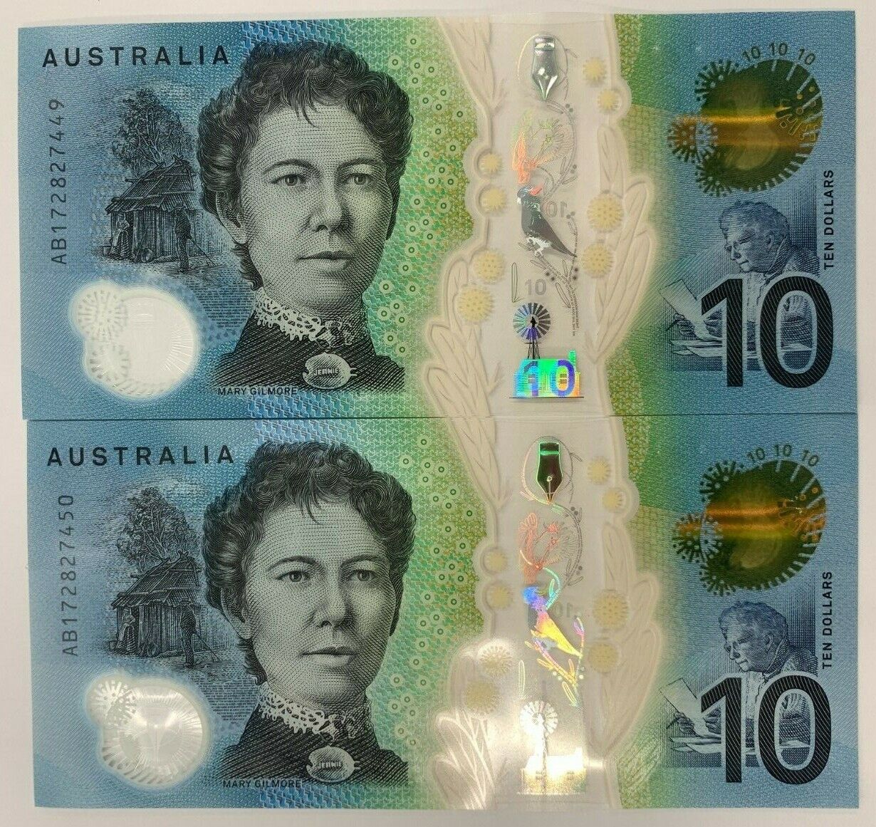 ✨10 dollar note Australian 2017 UNC AB Serial Pair✨