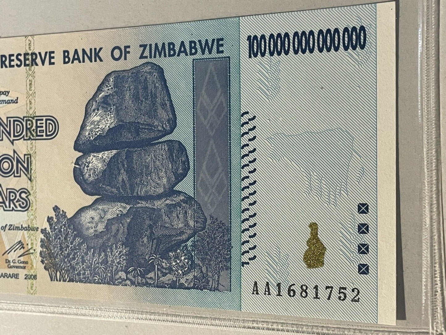 Zimbabwe 100 Trillion Dollars 2008 Banknote UNC Uncirculated AA P91 Authentic