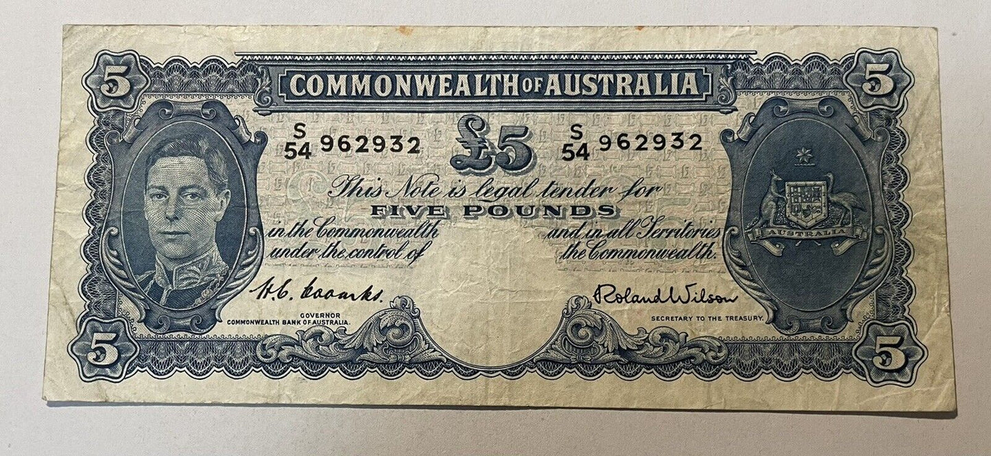 Commonwealth Of Australia 1952 Coombs/ Wilson £5 Fine pound Paper Banknote S43