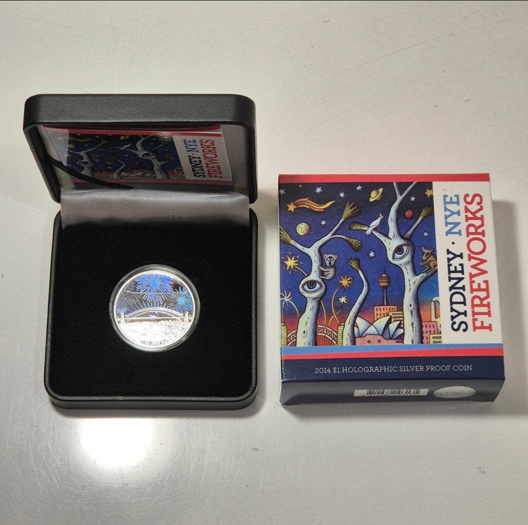 Australia 2014 $1 Dollar Holographic Silver Proof 1oz Coin Sydney NYE Fireworks