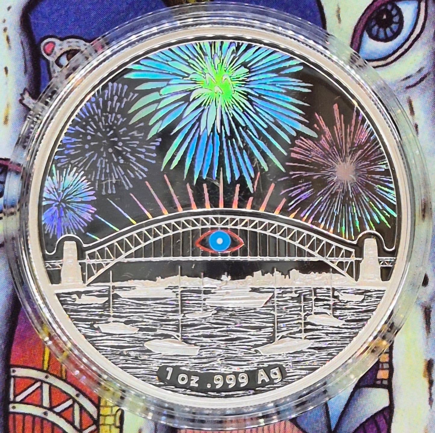 Australia 2014 $1 Dollar Holographic Silver Proof 1oz Coin Sydney NYE Fireworks