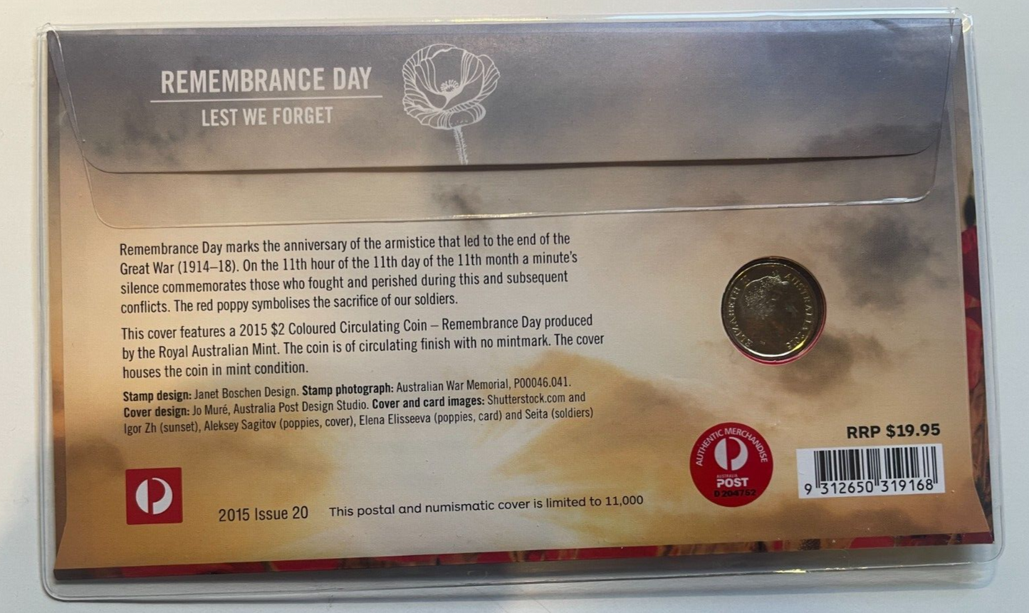 2015 $2 dollar Remembrance Day WW1 Lest We Forget PNC Coin and Stamp