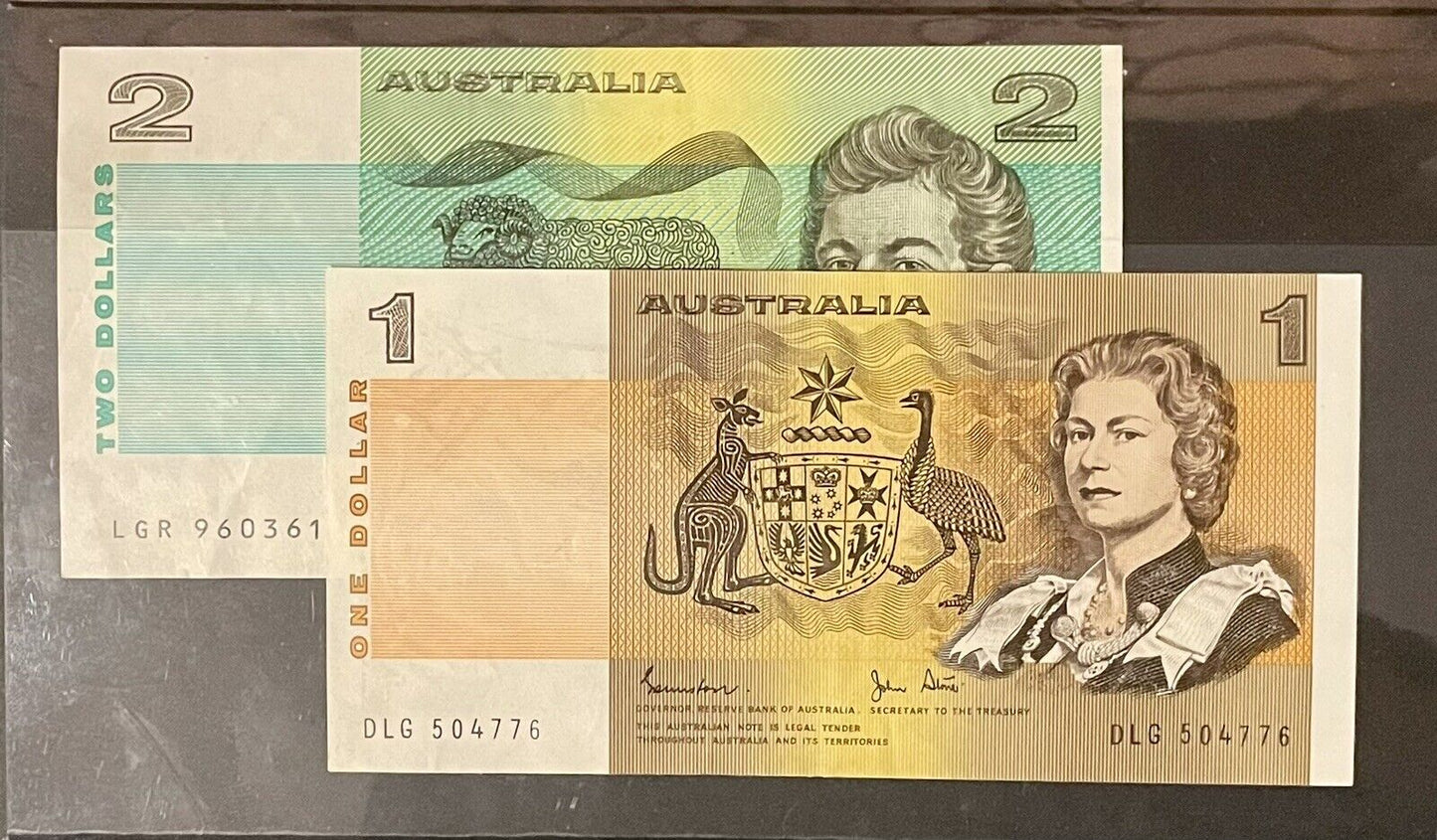 Commonwealth of Australia $1 One Dollar & $2 Two Dollar Paper Banknote Pair