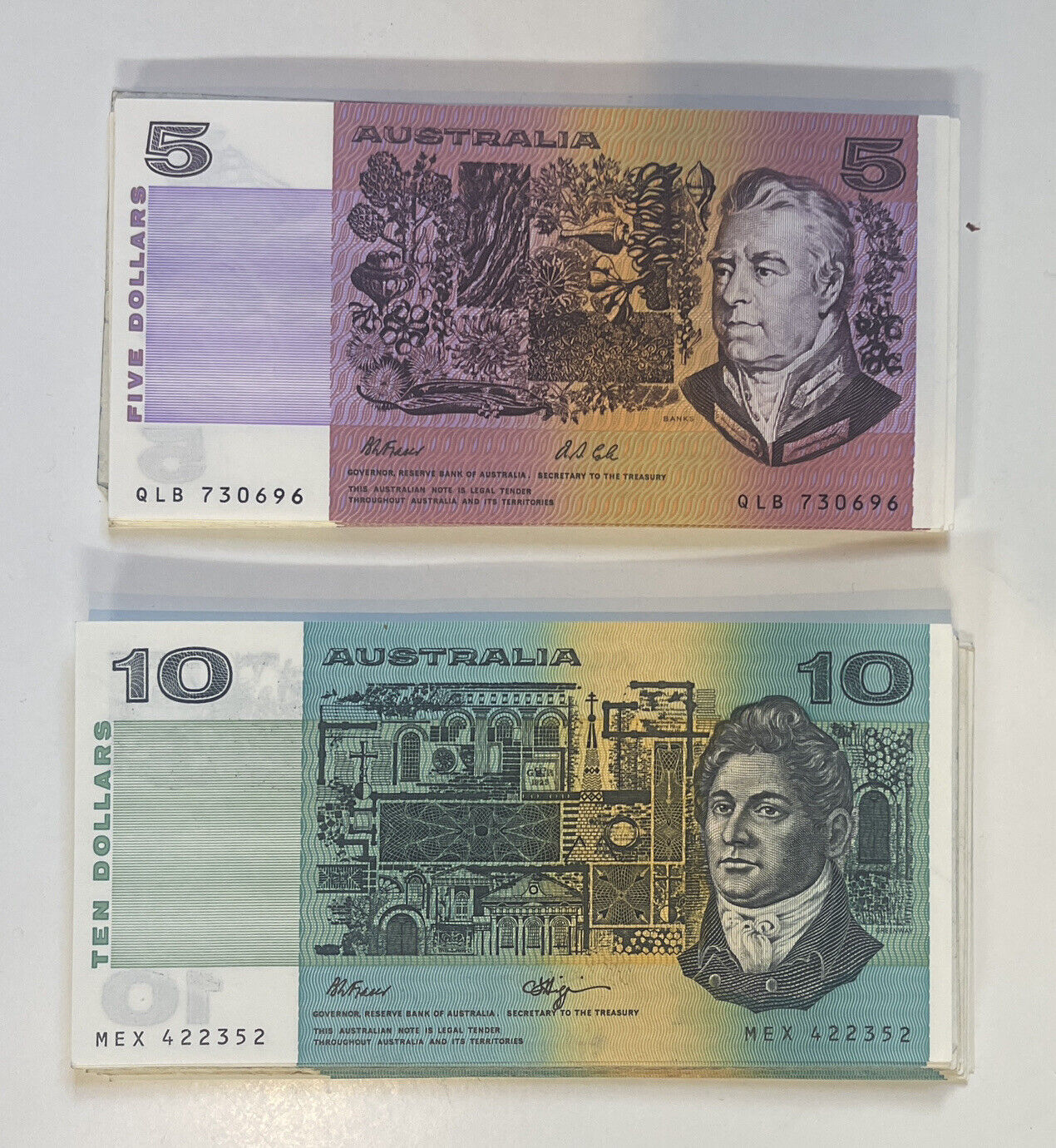Australia $5 Five & $10 Ten Dollar NOTES - - ONE OF EACH NOTE Circulated