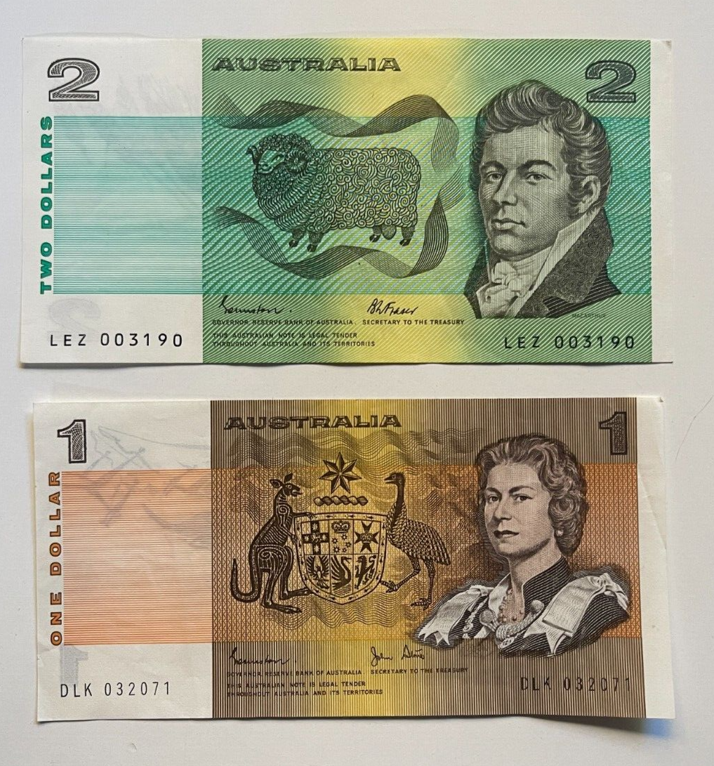 Australia $1 One & $2 Two Dollar NOTES - - ONE OF EACH NOTE Circulated