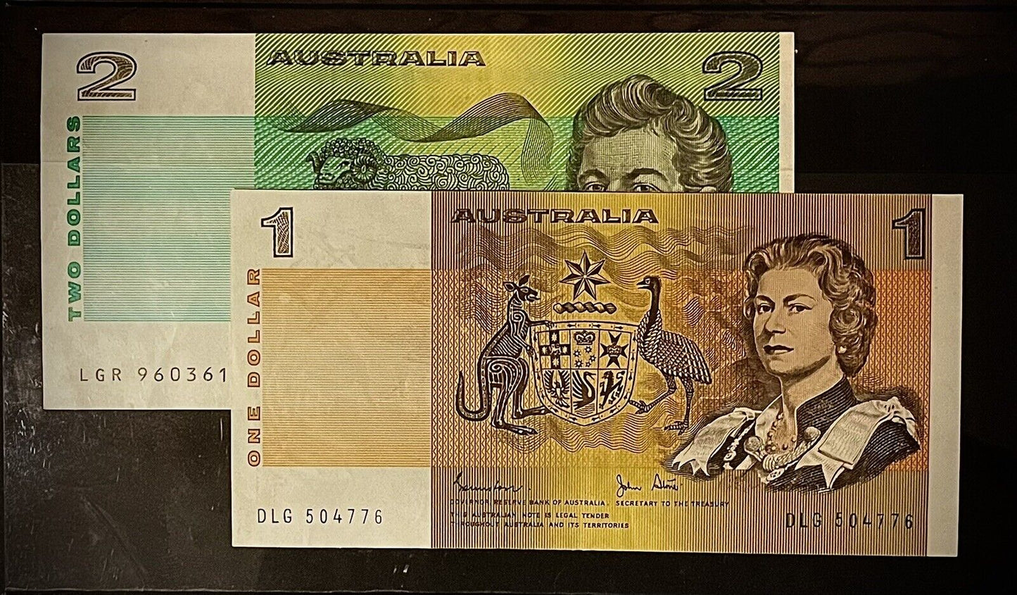 Commonwealth of Australia $1 One Dollar & $2 Two Dollar Paper Banknote Pair