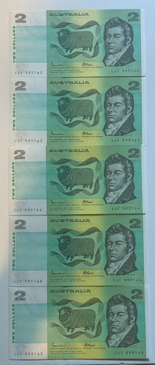 Australia $2 Two Dollar - - CONSECUTIVE NOTES Consecutive Serials UNC Bundle