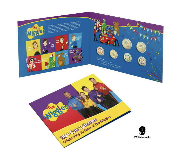 The Wiggles 2021 Six Coin Set UNC Coloured $2 $1 Dollar Folder