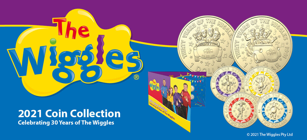 The Wiggles 2021 Six Coin Set UNC Coloured $2 $1 Dollar Folder