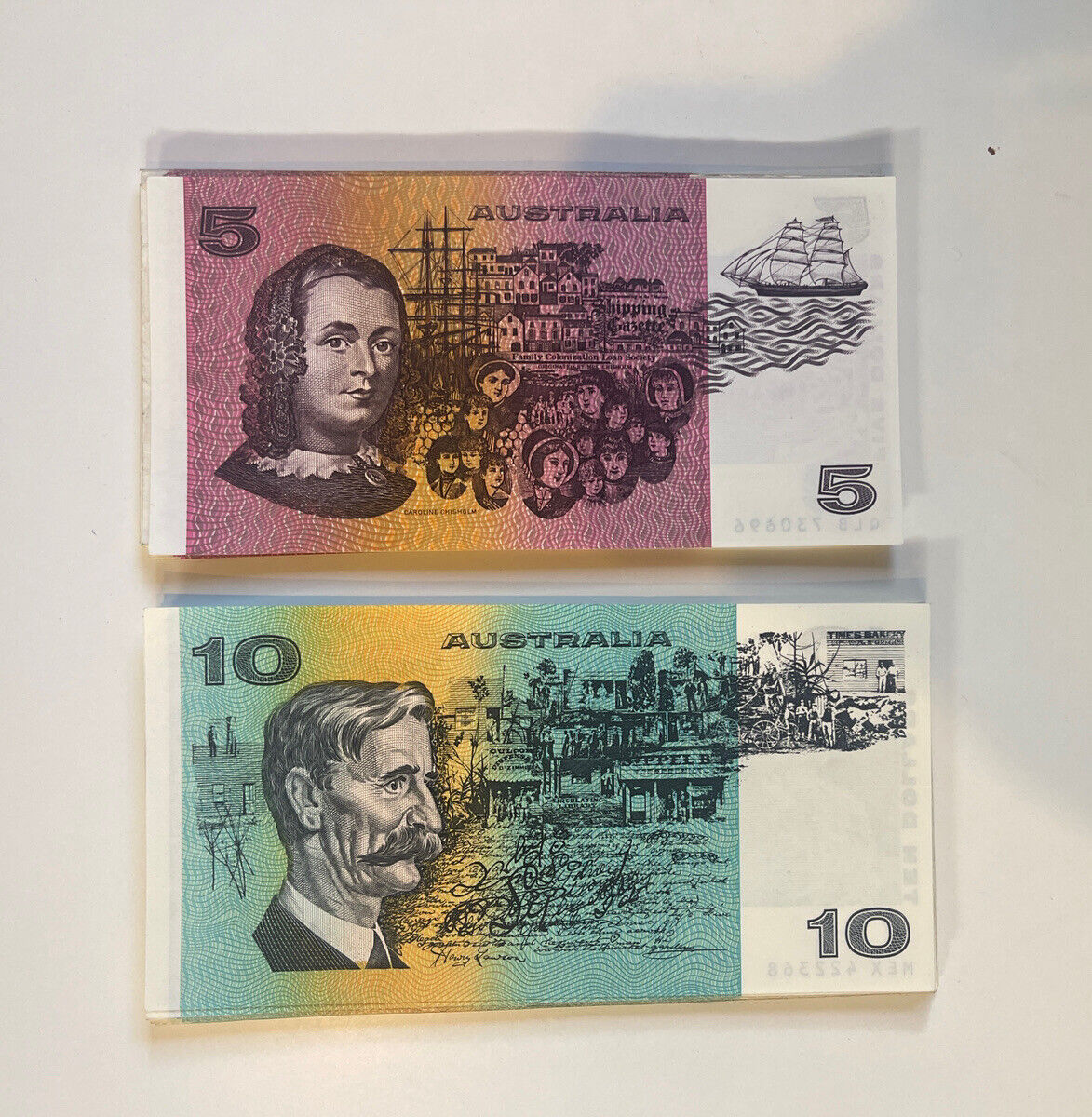 Australia $5 Five & $10 Ten Dollar NOTES - - ONE OF EACH NOTE Circulated