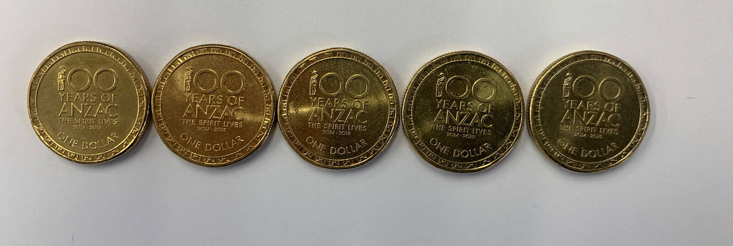2014-2018 Australian $1 100 Years of ANZAC 5 coin set Circulated condition