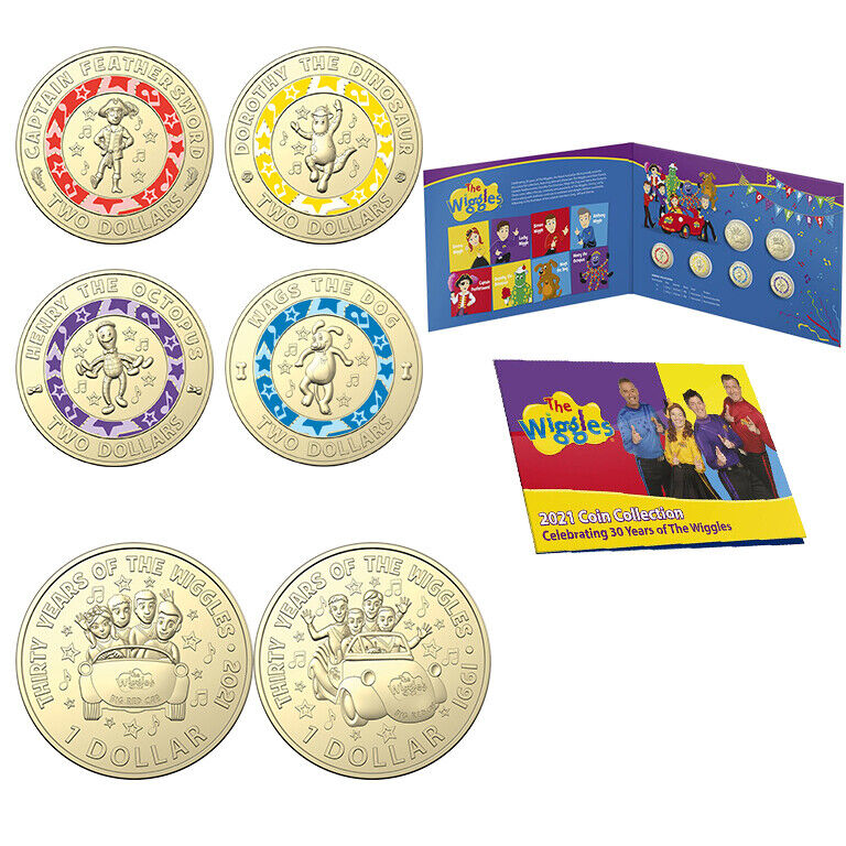 The Wiggles 2021 Six Coin Set UNC Coloured $2 $1 Dollar Folder