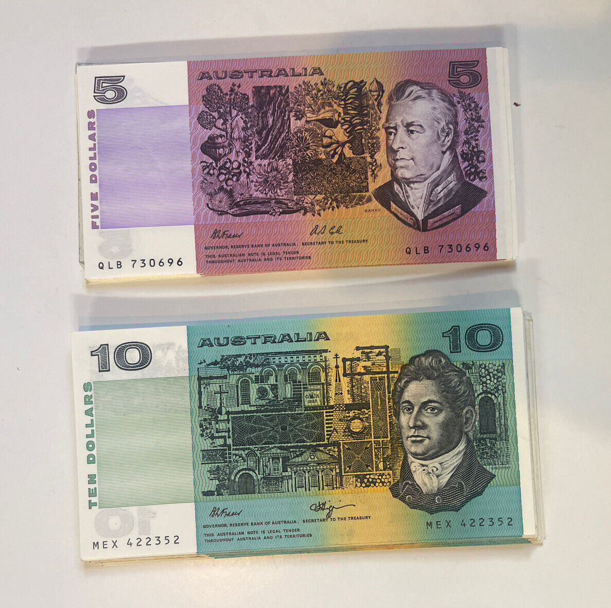 Australia $5 Five & $10 Ten Dollar NOTES - - ONE OF EACH NOTE Circulated