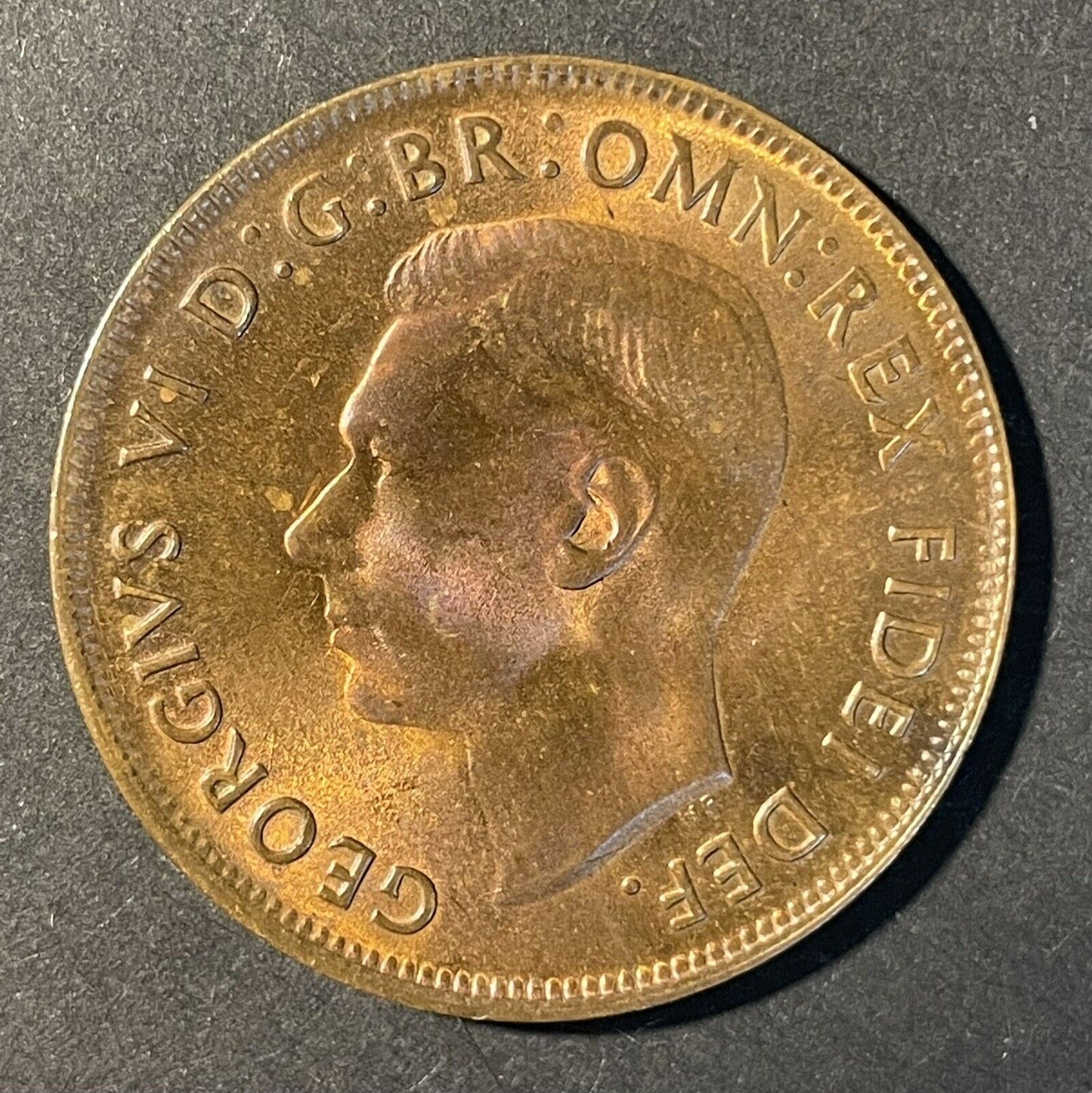 Australian 1952(m) Penny 1d Choice Uncirculated RB Rainbow Hues Copper Coin