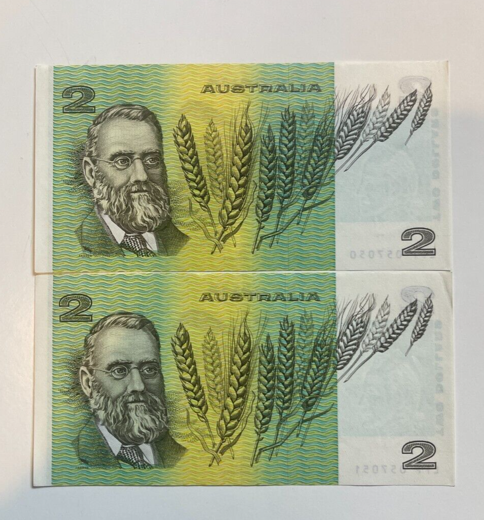 Australia $2 Two Dollar - - TWO CONSECUTIVE NOTES a/UNC