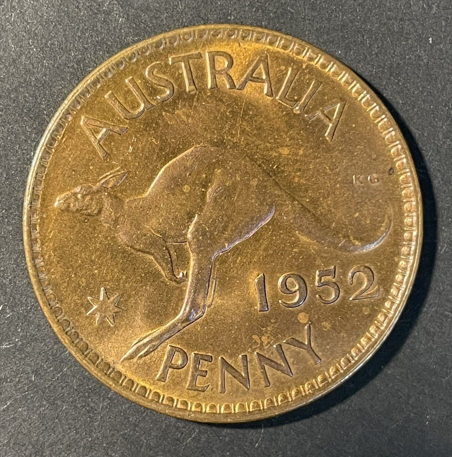 Australian 1952(m) Penny 1d Choice Uncirculated RB Rainbow Hues Copper Coin