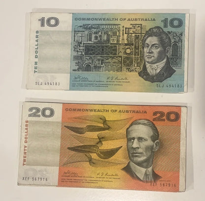 Commonwealth Of Australian $10 Ten & $20 Twenty Dollar Paper ONE OF EACH Circ 💸