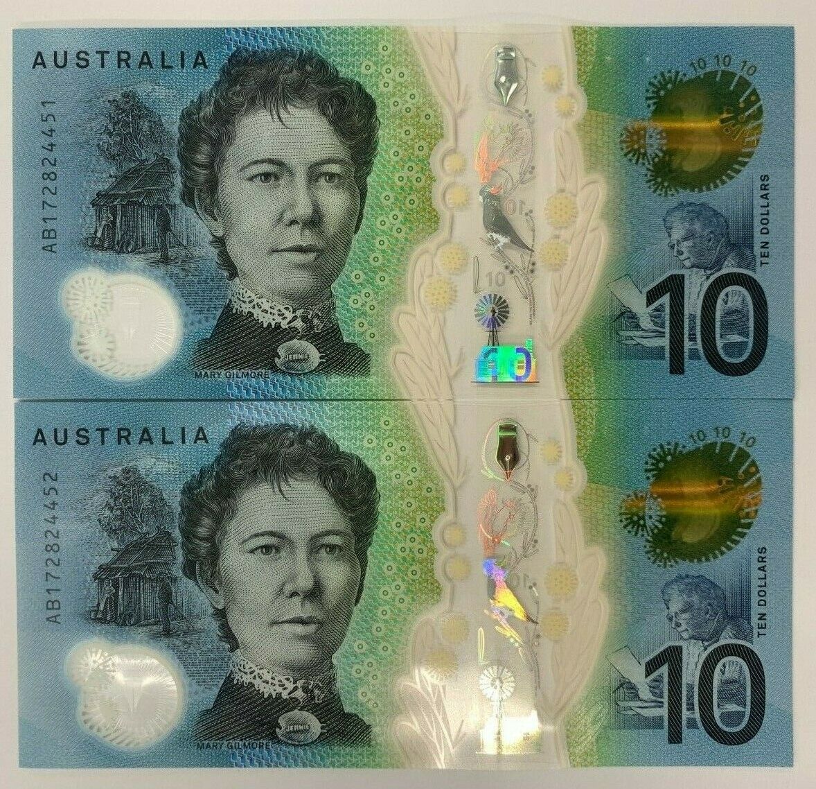 ✨10 dollar note Australian 2017 UNC AB Serial Pair✨
