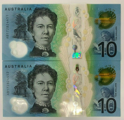 ✨10 dollar note Australian 2017 UNC AB Serial Pair✨