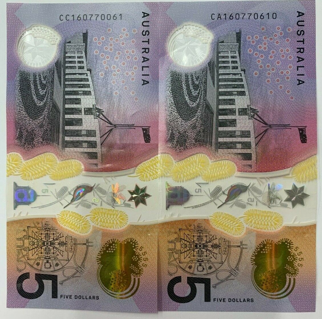 5 dollar note Australia 2016 RADAR "16077061" and "160770061"