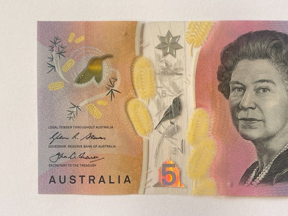 5 dollar note Australia 2016 "325523" RADAR serial