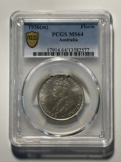 1936 Silver Florin Two Shillings Graded Choice Uncirculated Coin KGV PCGS MS64