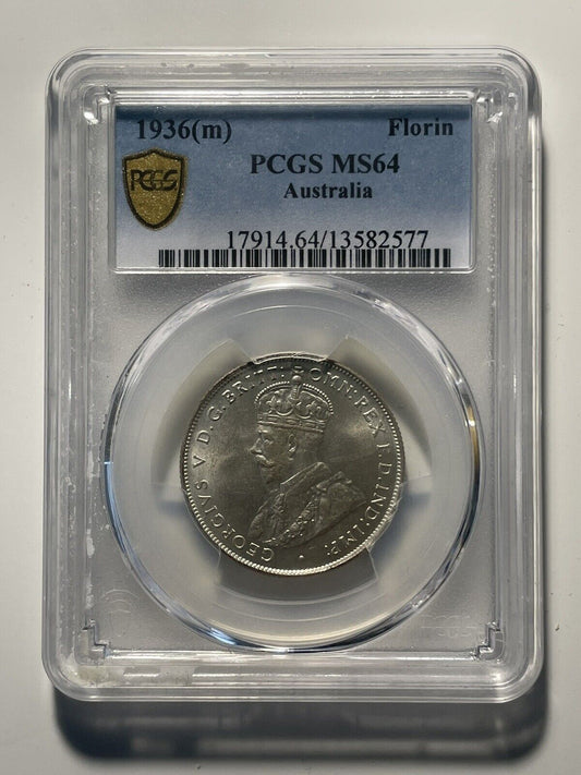 1936 Silver Florin Two Shillings Graded Choice Uncirculated Coin KGV PCGS MS64