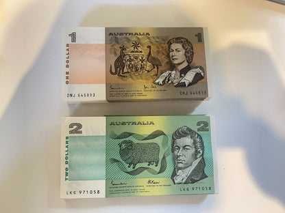 Australia $1 One, $2 Two, $5 Five NOTES -  ONE OF EACH NOTE Bank Bundle UNC