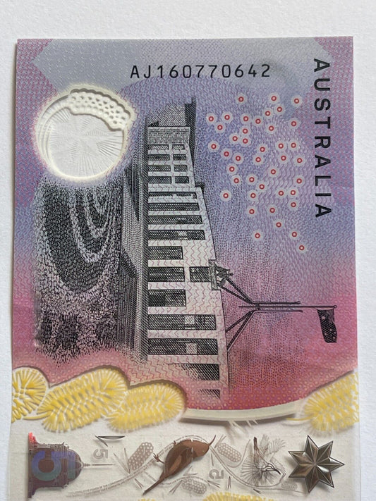 5 dollar note Australia 2016 "607706" RADAR serial