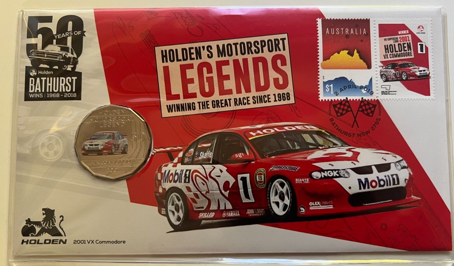 2018 50 YEARS OF HOLDEN BATHURST WINS 50 CENT COLOURIZED UNC COIN PNC 2001 VX