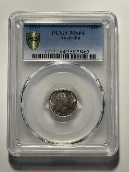 1910 Australian Threepence 3d PCGS Graded MS64 Choice UNC Edward