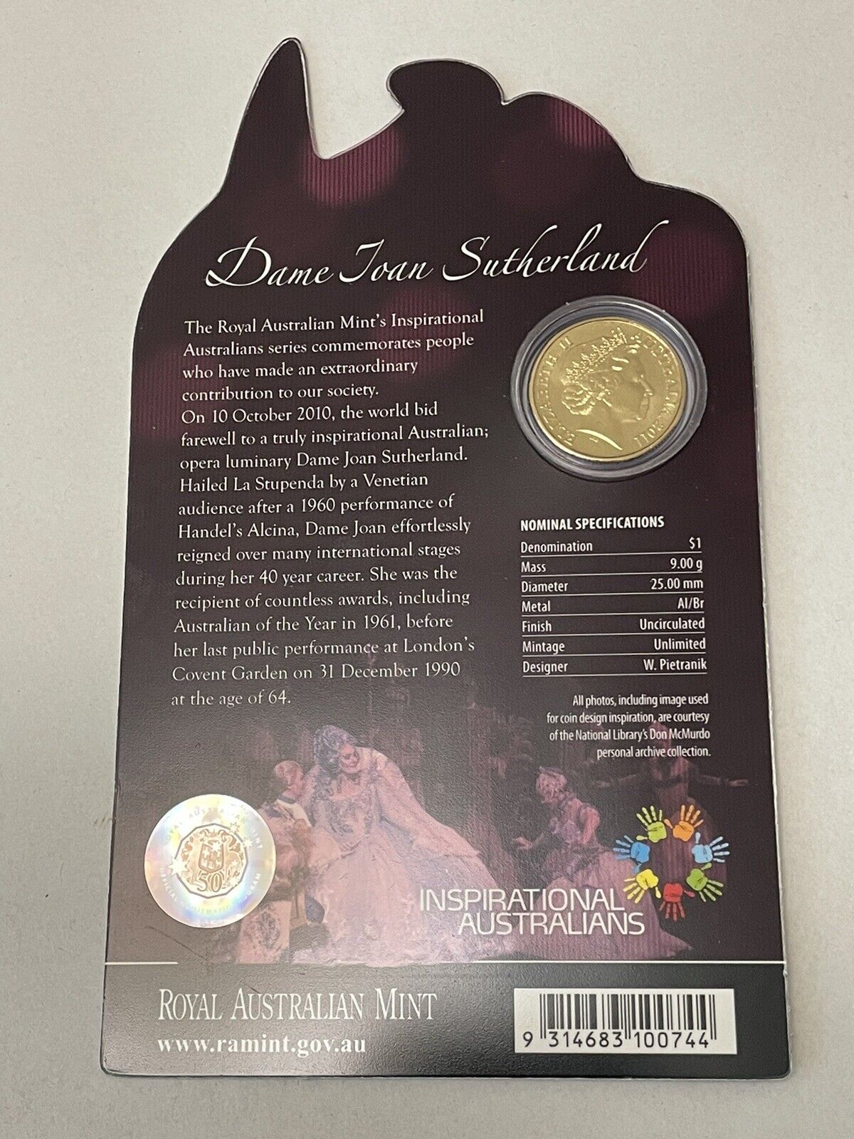 2011 Australia Inspirational Australians Dame Joan Sutherland RAM $1 Carded Coin