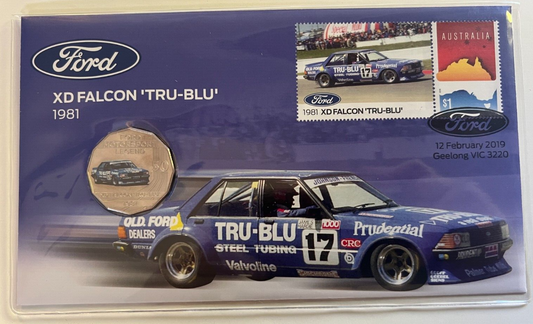 2019 Ford 1981 XD FALCON TRU-BLU PNC/FDC RAM 50cent colored coin & $1 Ford Stamp