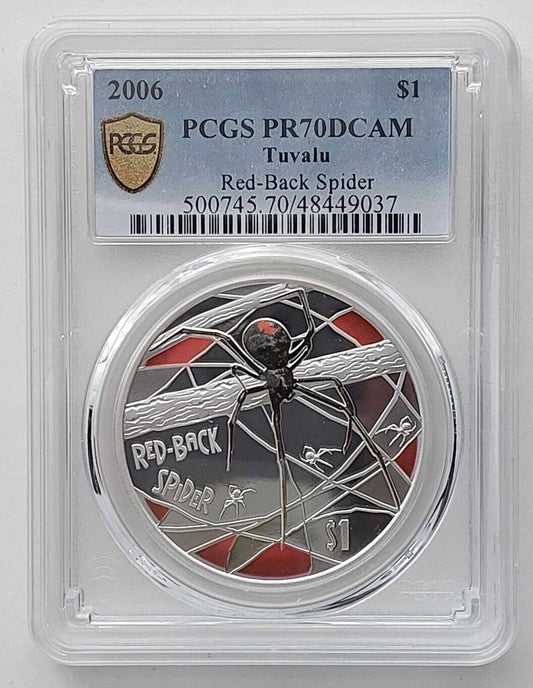 2006 $1 Tuvalu Deadly & Dangerous Red Back Spider 1oz Silver Proof PCGS PR70DCAM