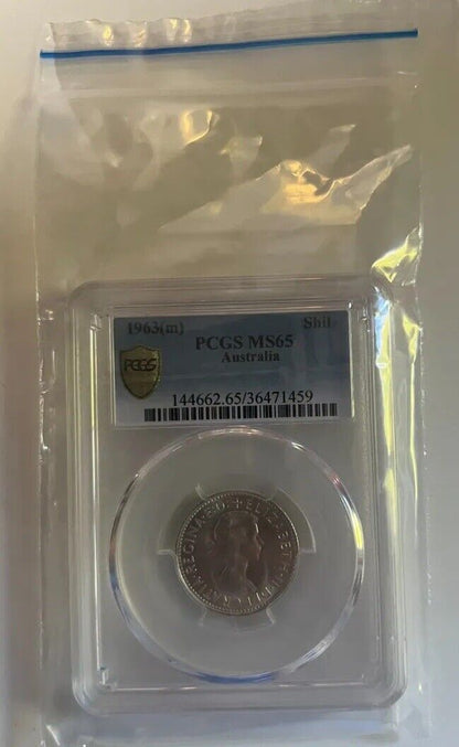 AUSTRALIAN 1963(M) SHILLING COIN  PCGS MS65 SLAB UNCIRCULATED GRADED PRE DECIMAL