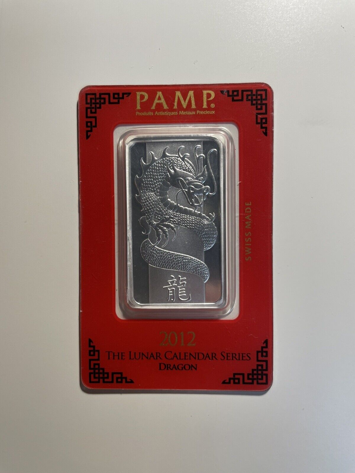 2012 Pamp Suisse Lunar Series DRAGON 1oz Silver Bar in Assay Card