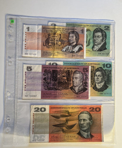 Commonwealth Of Australia Paper Banknotes $1, $2, $5, $10, $20, Circulated Set